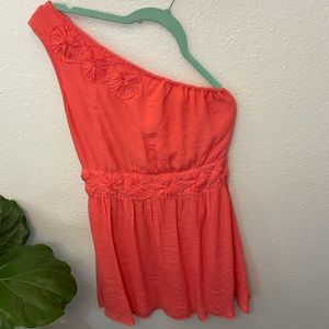 Peach, one shoulder dress!